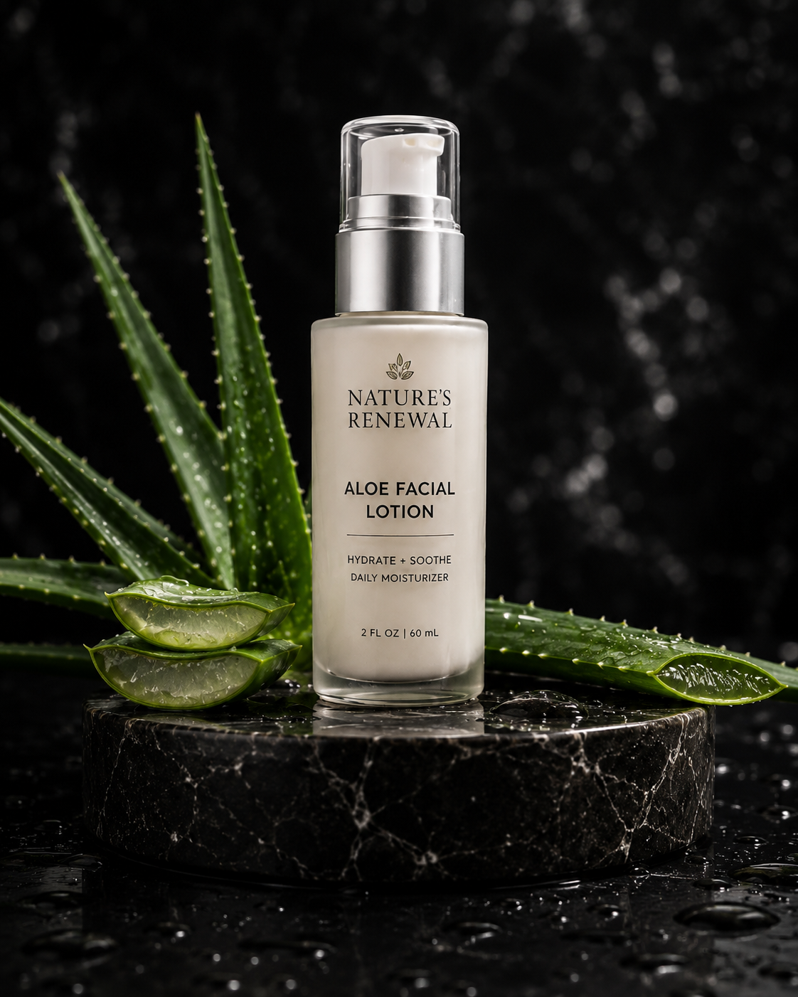 Nature’s Renewal Aloe Facial Lotion bottle with fresh aloe leaves